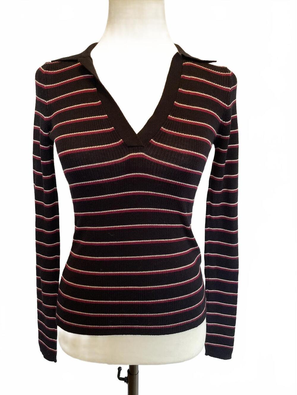 Madewell Johnny-Collar Sweater Merino-Silk Blend Navy Maroon Stripe XXS NWT